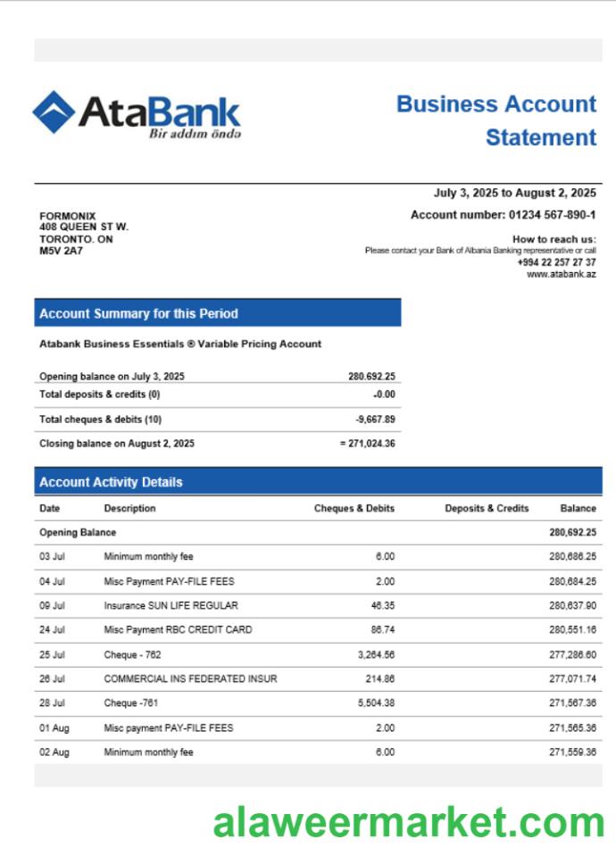 Atabank business organization checking  statement Word and PDF format
